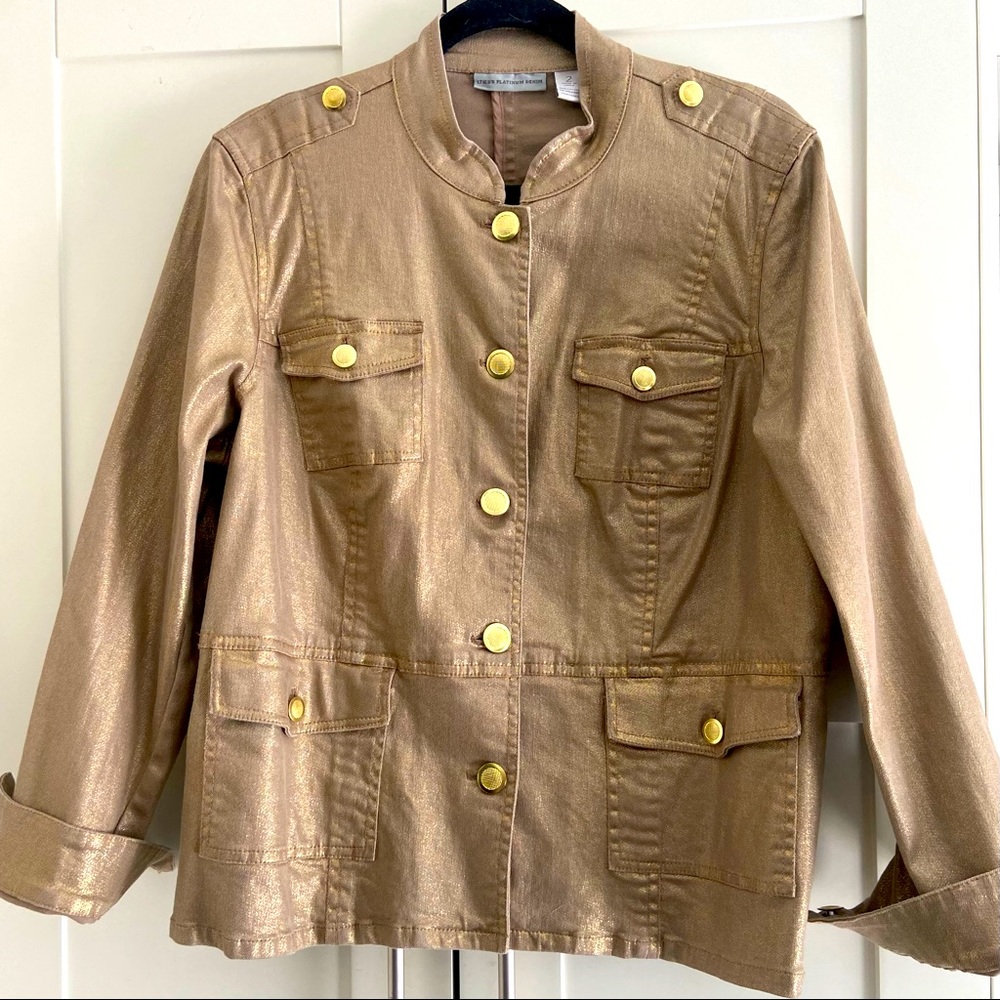 Chico’s Platinum Denim Jacket in Gold Size L